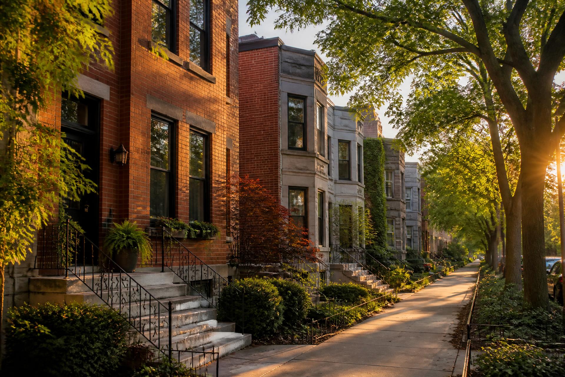 Chicago greystone and brick homes with front stoops on a residential block